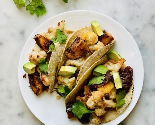 Shiitake cauliflower tacos with avocado.