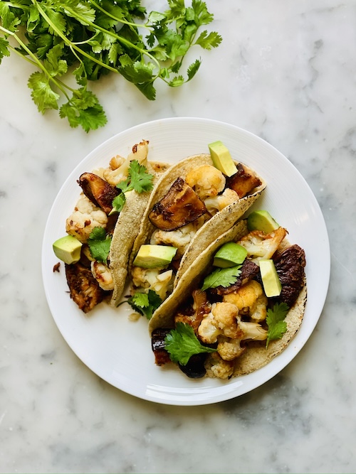 Shiitake cauliflower tacos with avocado.