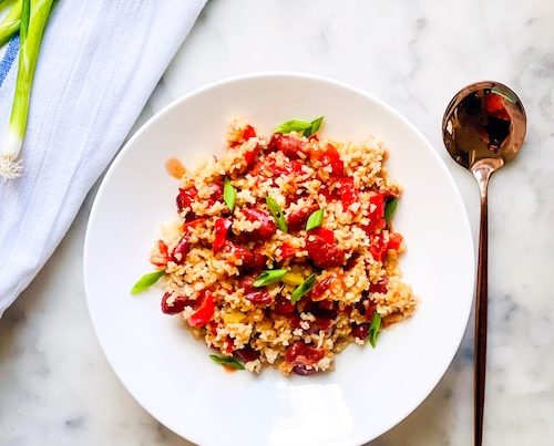 Cajun red beans and rice in a bowl.