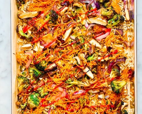 Veggie chow mein sheet pan meal.
