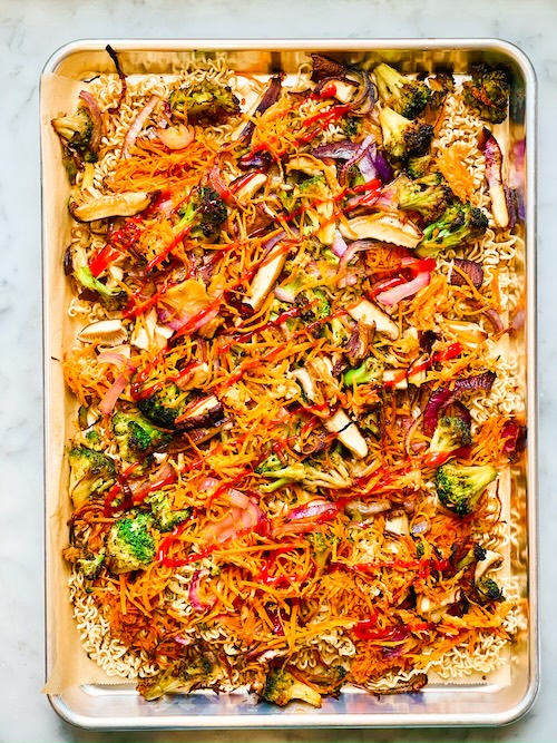 Veggie chow mein sheet pan meal.