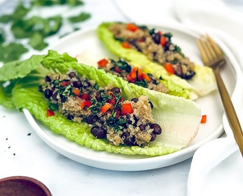 Black bean quinoa in a lettuce wrap.