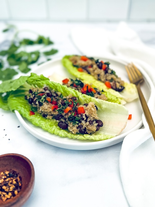 Black bean quinoa in a lettuce wrap.