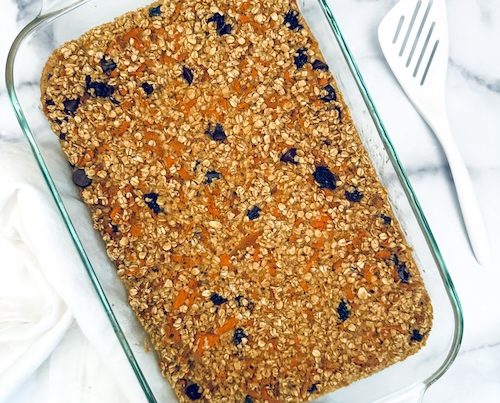 A baking dish of carrot cake baked oatmeal.