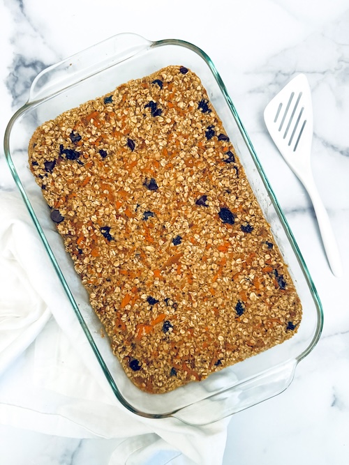 A baking dish of carrot cake baked oatmeal.
