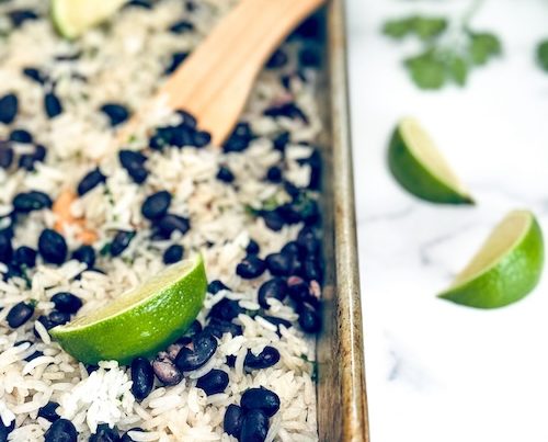 Sheet pan black beans and rice.