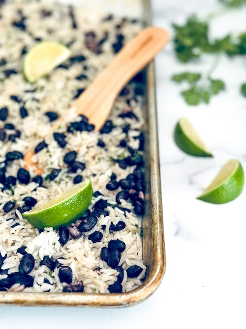Sheet pan black beans and rice.