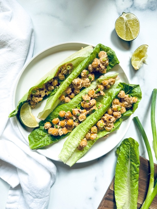 Spicy chickpea lettuce wraps on a plate.