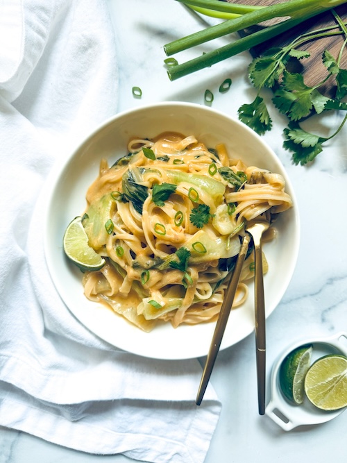 A bowl of spicy coconut milk noodles.