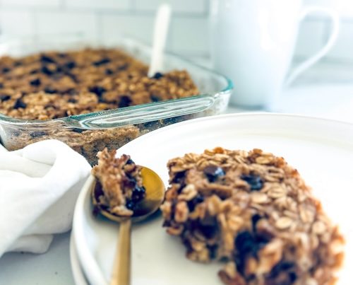 A slice of vegan banana chocolate chip oatmeal.