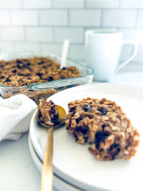 A slice of vegan banana chocolate chip oatmeal.