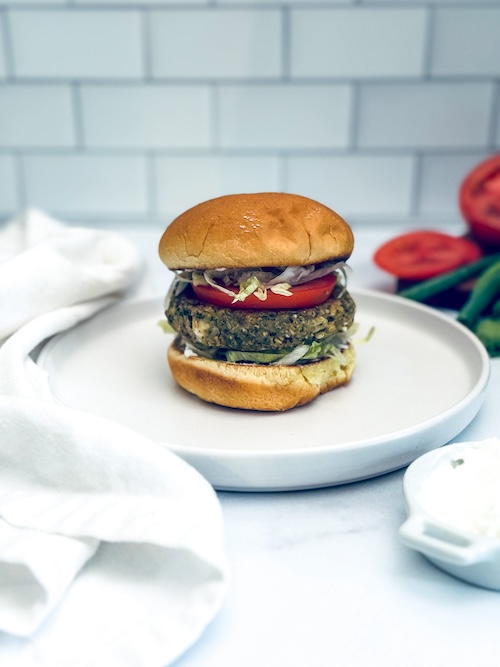 Vegan chickpea patty on a bun.