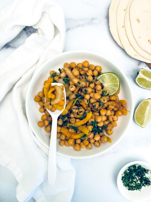 Vegan chickpea fajitas in a bowl.