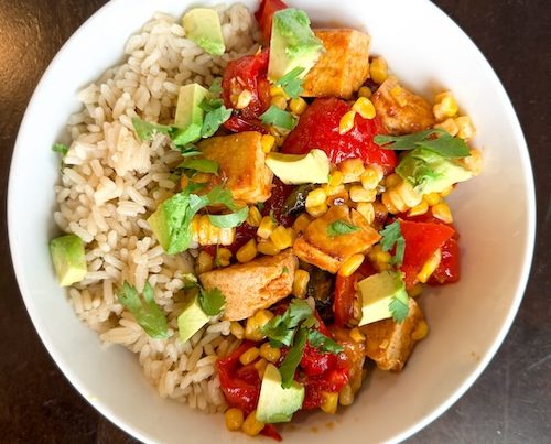 Mexican tofu and veggies over rice.
