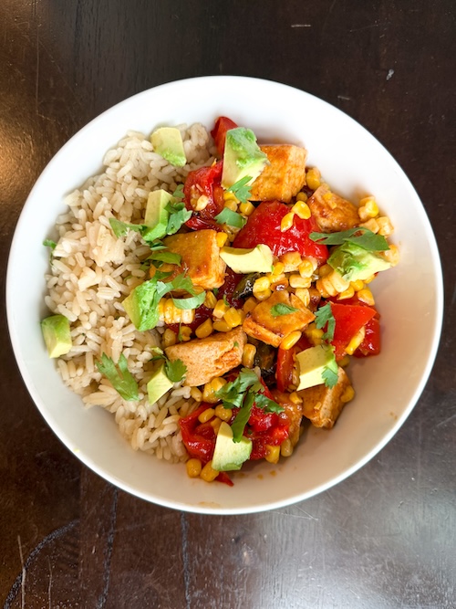 Mexican tofu and veggies over rice.