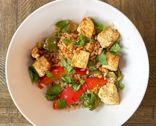 Tofu fajita rice bowls.