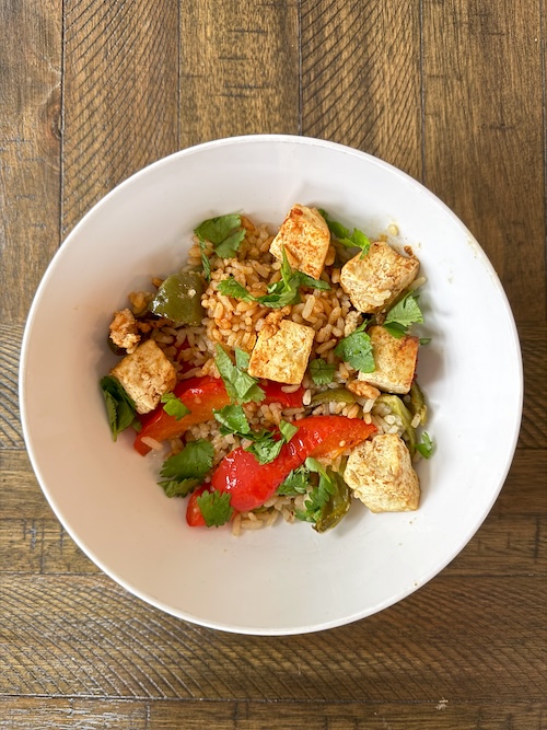Tofu fajita rice bowls.