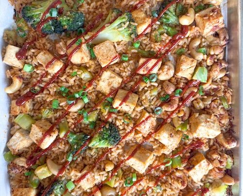 Tofu Broccoli Cashew Fried rice on a sheet pan.