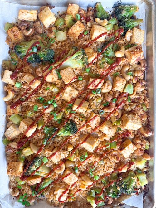 Tofu Broccoli Cashew Fried rice on a sheet pan.