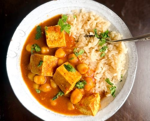 Tofu "butter chicken" over rice.