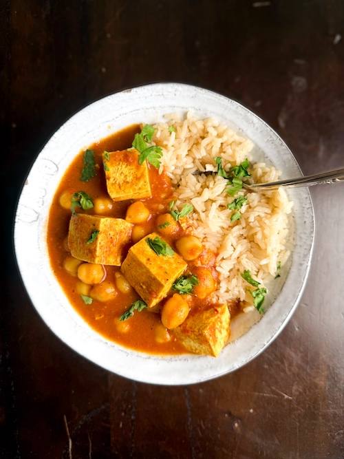 Tofu "butter chicken" over rice.