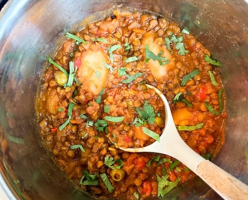 Vegan lentil picadillo in an Instant Pot.