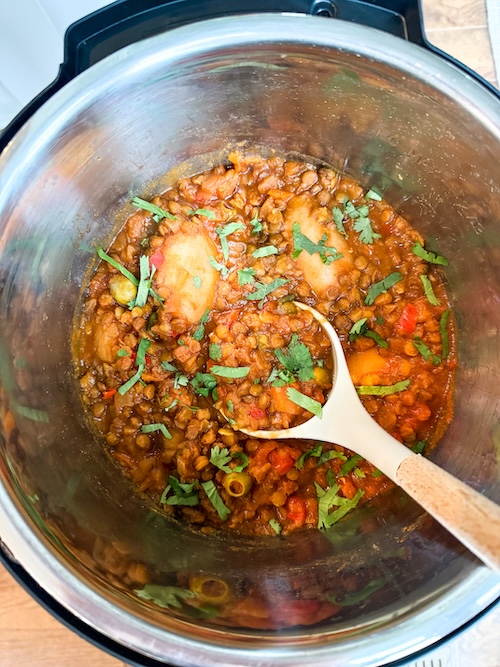 Vegan lentil picadillo in an Instant Pot.