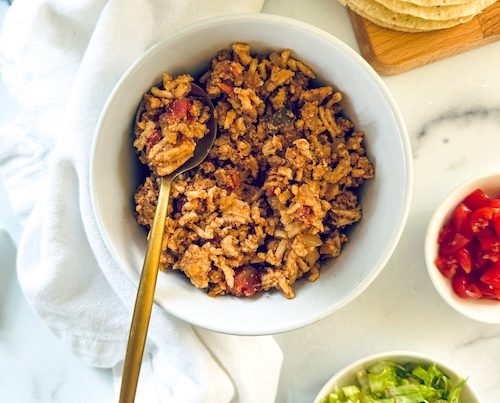 Bowl of turkey taco filling.