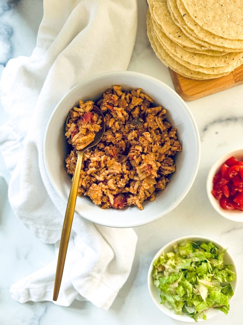 Bowl of turkey taco filling.