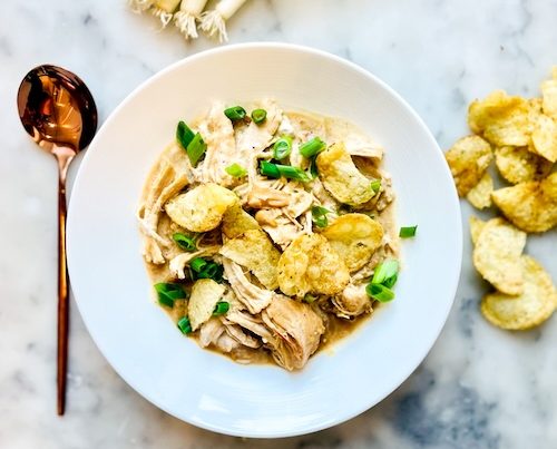 Sour cream and onion chicken in a bowl.