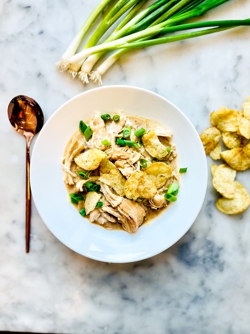 Sour cream and onion chicken in a bowl.