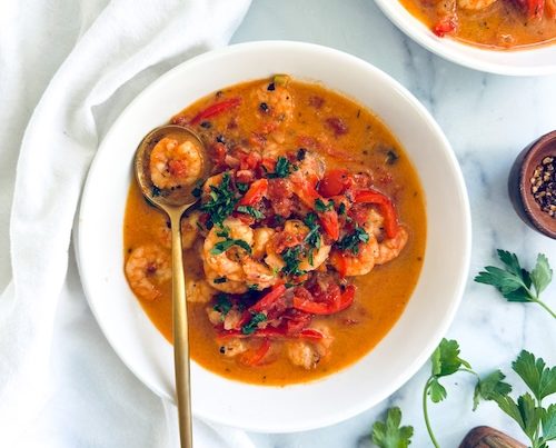 Cajun shrimp stew in a bowl.