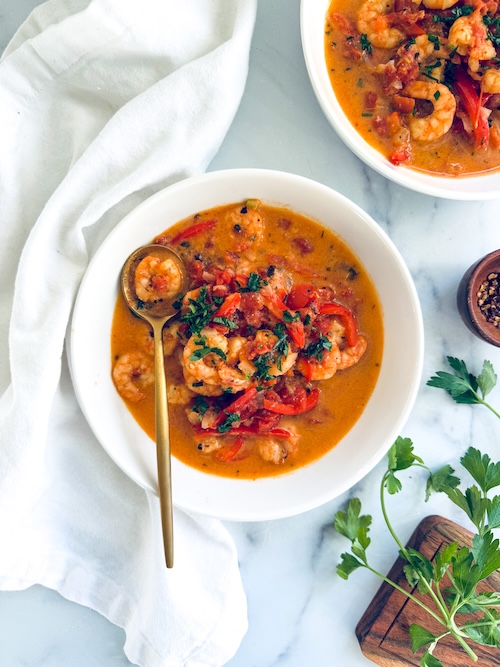 Cajun shrimp stew in a bowl.