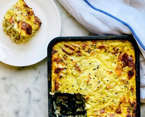 Smoked salmon breakfast bake in a dish.