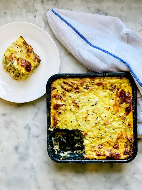 Smoked salmon breakfast bake in a dish.