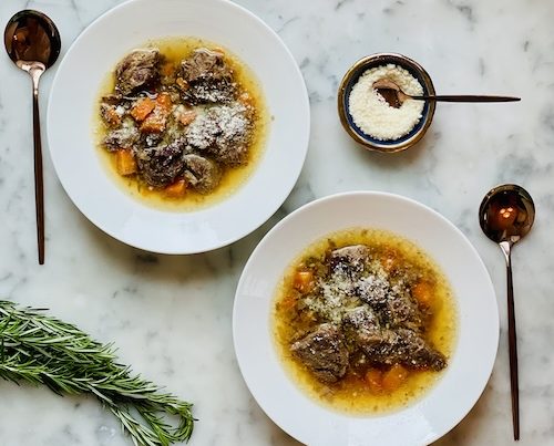 Two bowls of dijon beef soup.