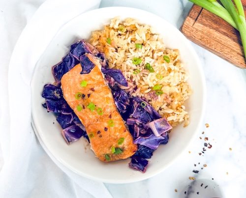 Citrus salmon with rice and cabbage.