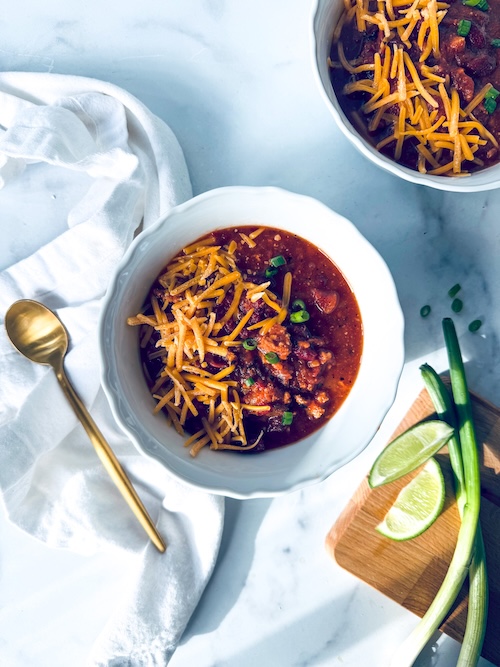 A bowl of turkey chili.