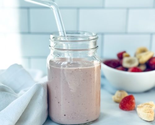 Peanut butter and jelly smoothie in a jar.
