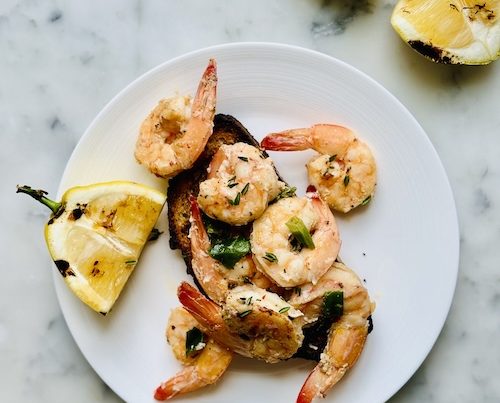 Shrimp over toast.