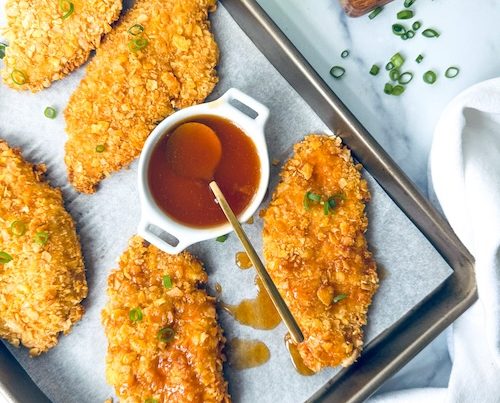 Cornflake crusted baked chicken.
