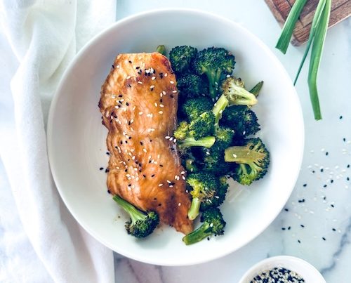 Miso ginger salmon with broccoli.