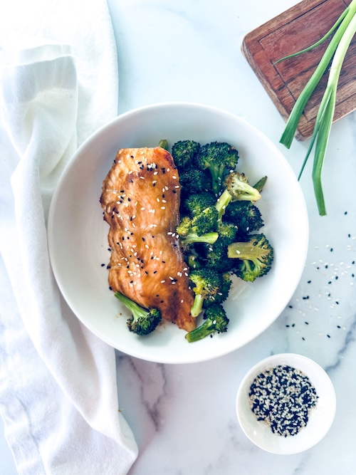 Miso ginger salmon with broccoli.