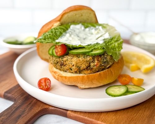 Vegan chickpea burger on a bun.