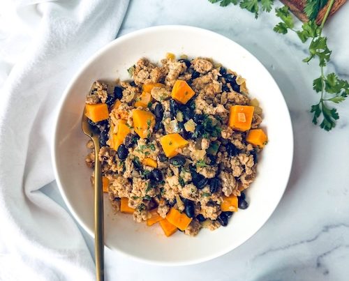 Ground turkey taco meat with sweet potatoes.