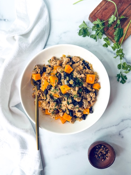 Ground turkey taco meat with sweet potatoes.