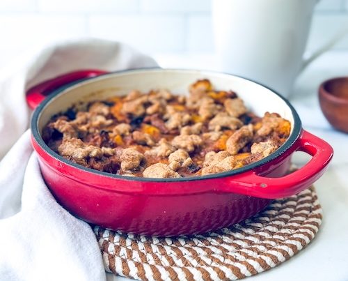 Small dish of pumpkin French toast casserole.