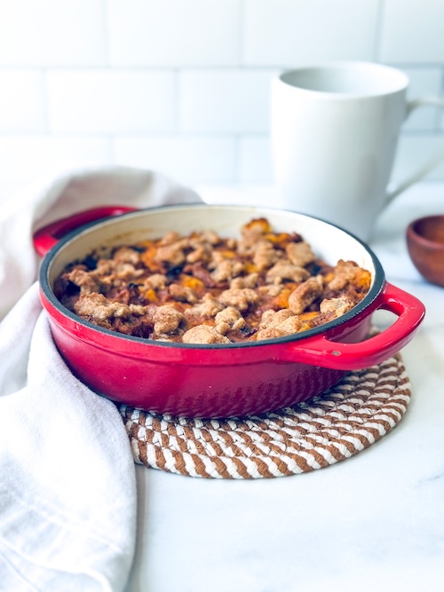 Small dish of pumpkin French toast casserole.