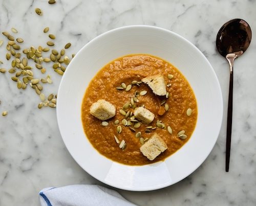 Bowl of creamy pumpkin soup.