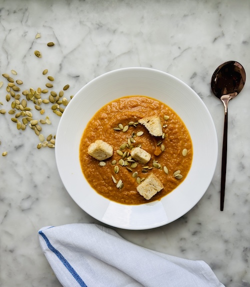 Bowl of creamy pumpkin soup.